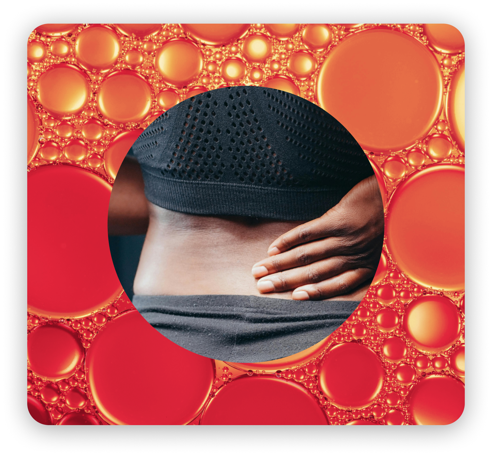 A dark skinned person with their right hand on their lower back.