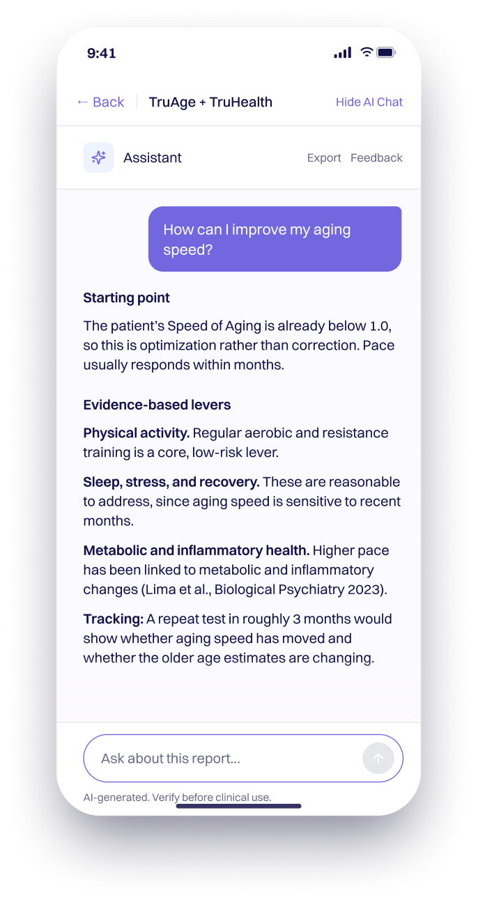 The report assistant answering “How can I improve my aging speed?” about a sample report.