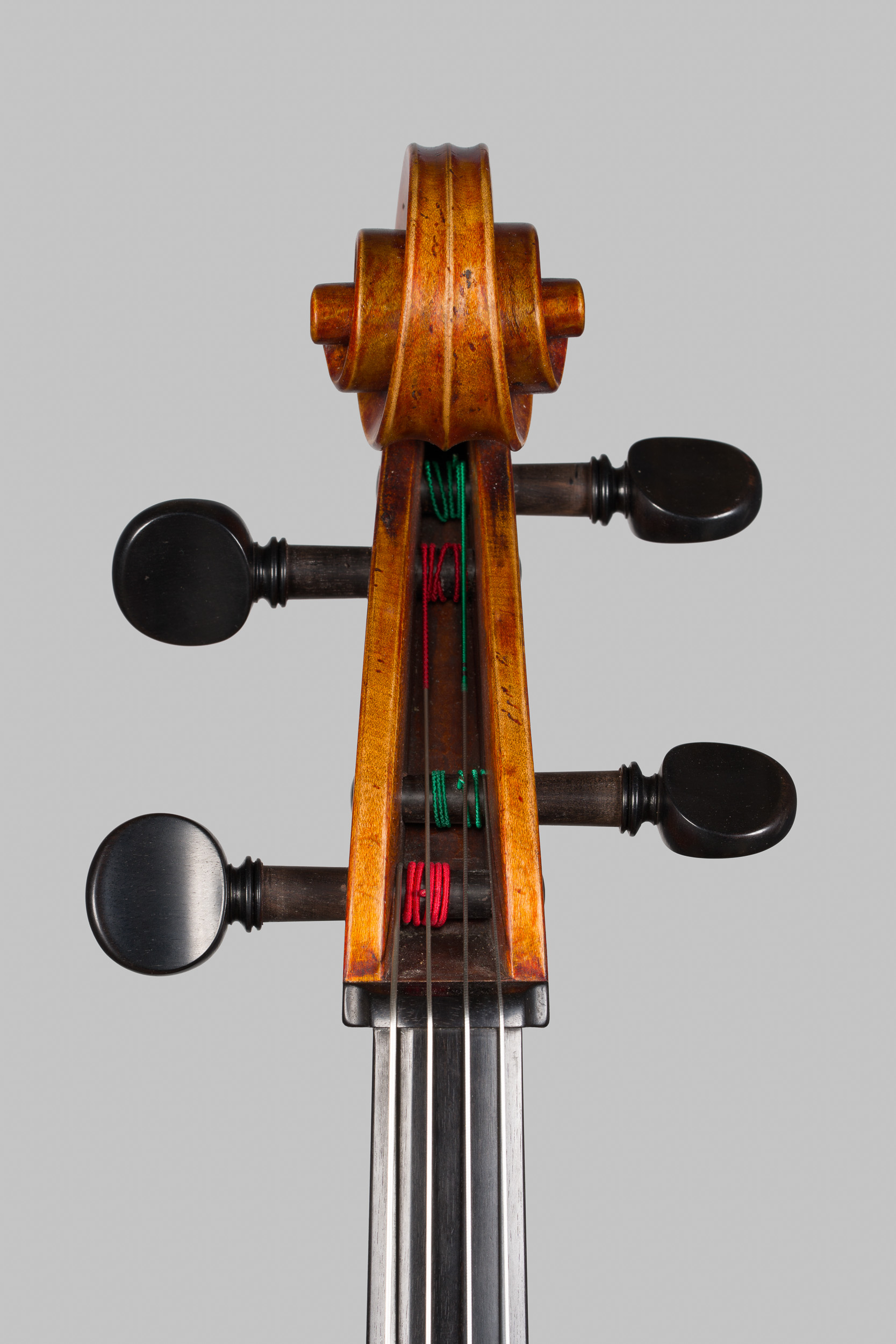 Violoncello Landolfi 2026, Ansicht von der Schnecke von Vorne