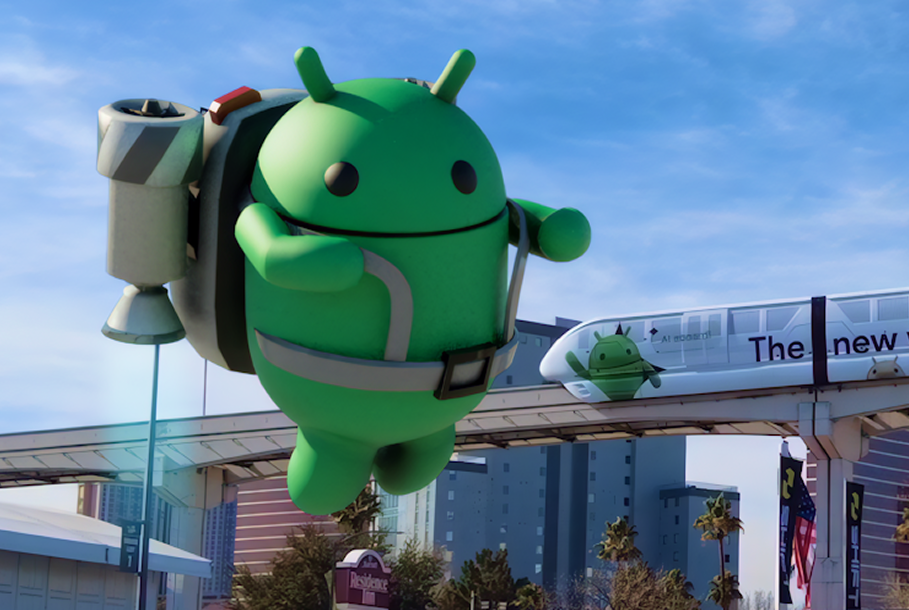 Android CES. Android flying in mid air in front of city train and buildings.