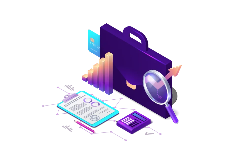 Accounting and tax illustration: briefcase, charts, calculator and documents