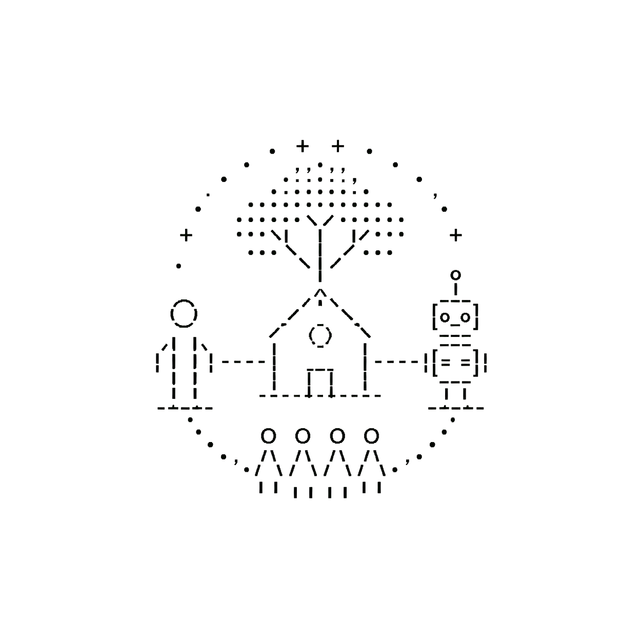 ASCII-style illustration of people and an AI agent coordinating around a village