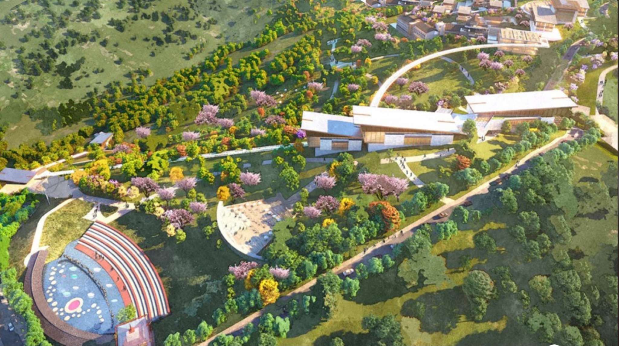 Architectural rendering of build3’s Startup Ecoāshrām campus, with buildings and an amphitheater among trees.