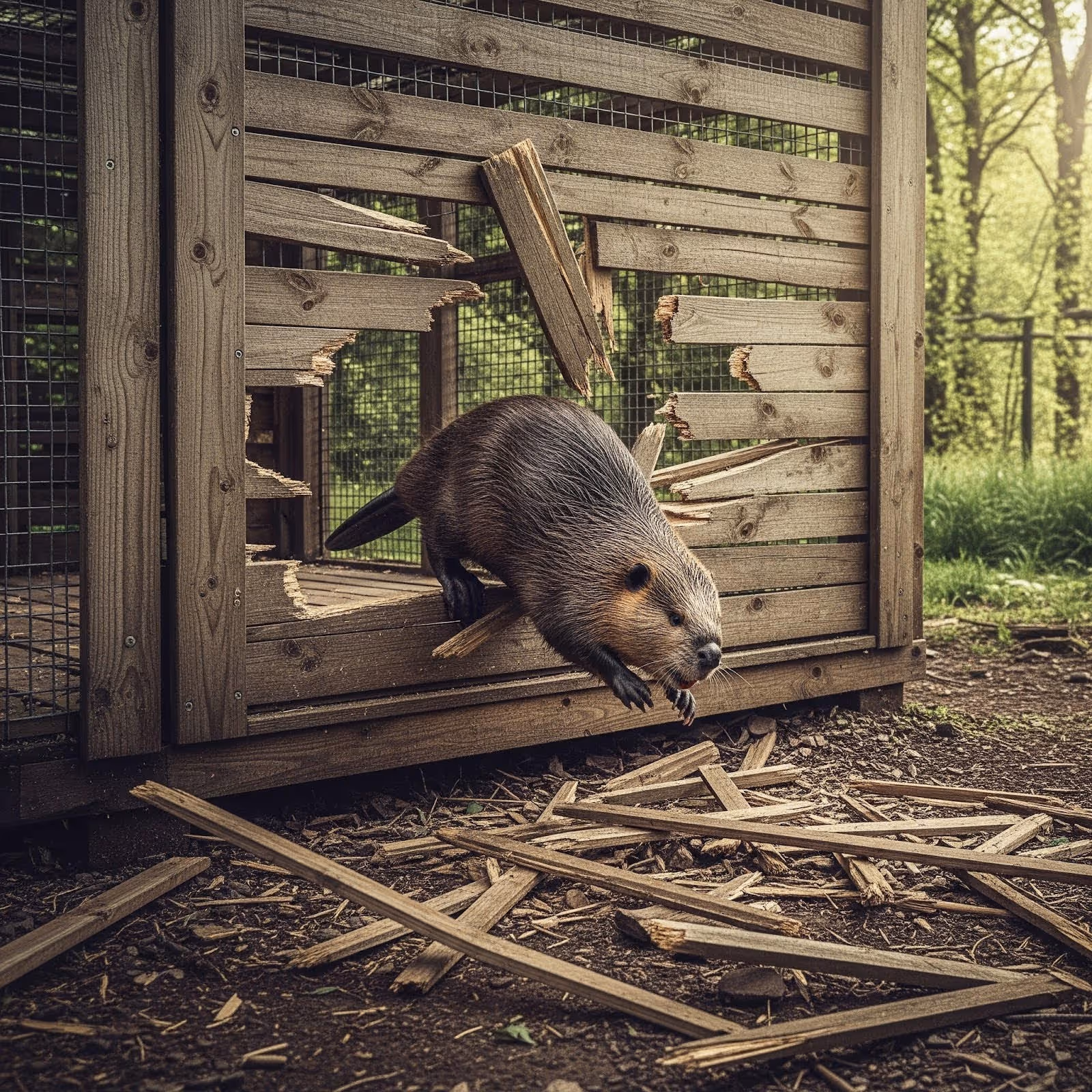 A beaver breaks through a wooden fence in a forest setting, symbolizing escape or newfound freedom, with splintered boards and scattered wood pieces on the ground.
