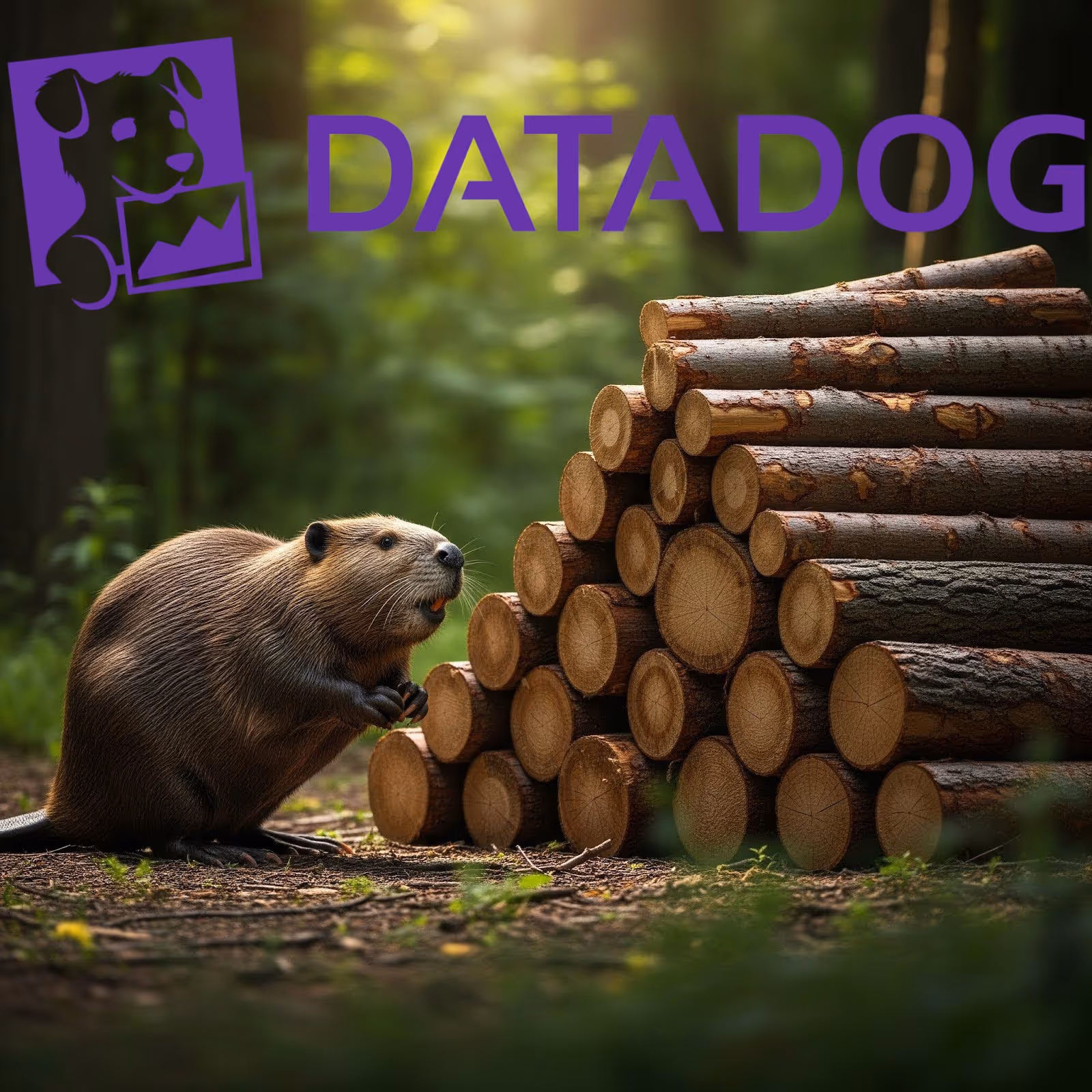 A beaver stacking logs in a forest clearing with the Datadog logo displayed above, symbolizing Grepr’s integration with Datadog for efficient log management.