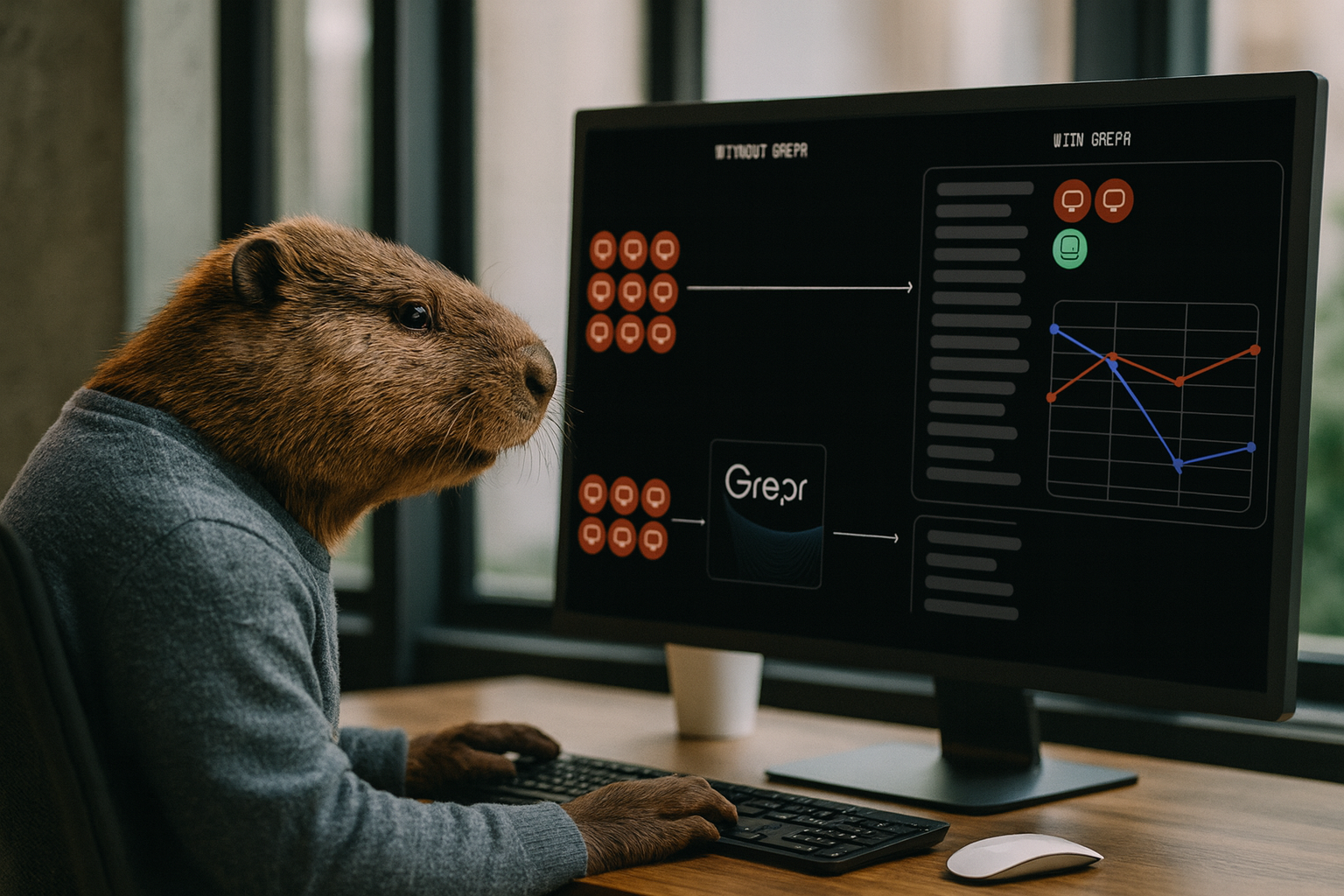 A beaver dressed like a software engineer sits at a desk in front of a computer monitor displaying a Grepr diagram comparing “Without Grepr” and “With Grepr” log workflows.