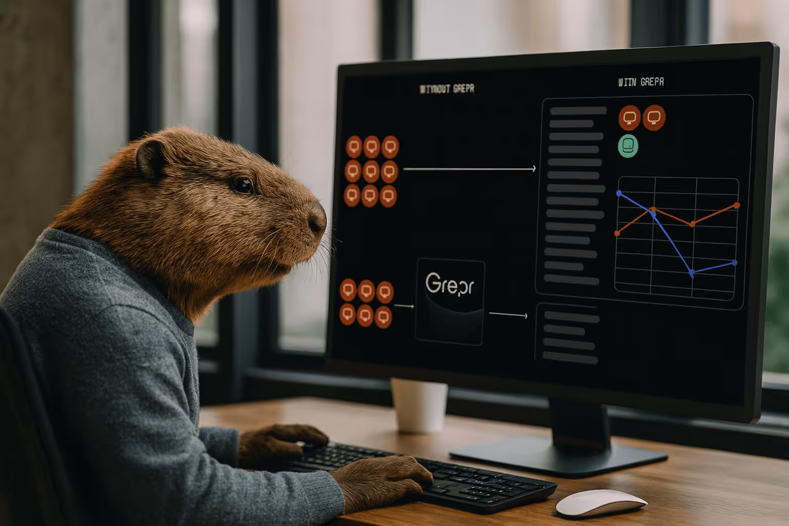 A beaver dressed like a software engineer sits at a desk in front of a computer monitor displaying a Grepr diagram comparing “Without Grepr” and “With Grepr” log workflows.