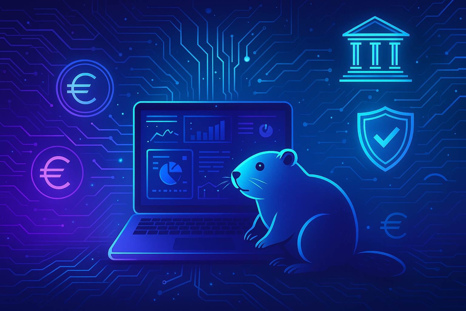 Futuristic digital illustration showing a glowing laptop with charts, graphs, and compliance dashboards surrounded by euro symbols, a shield icon, and a bank building outline. A small stylized beaver mascot sits beside the laptop, representing Grepr.ai’s role in helping financial institutions achieve digital resilience and DORA compliance in a high-tech neon environment.