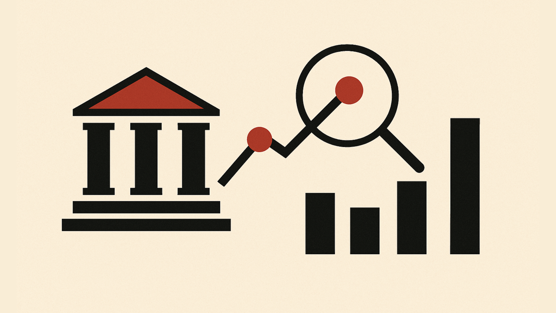 A minimalist illustration on a beige background showing a black government building with a red roof, a rising line graph with red data points leading into a magnifying glass, and a set of black bar chart columns to the right, all symbolizing how regulatory standards influence logging and observability.