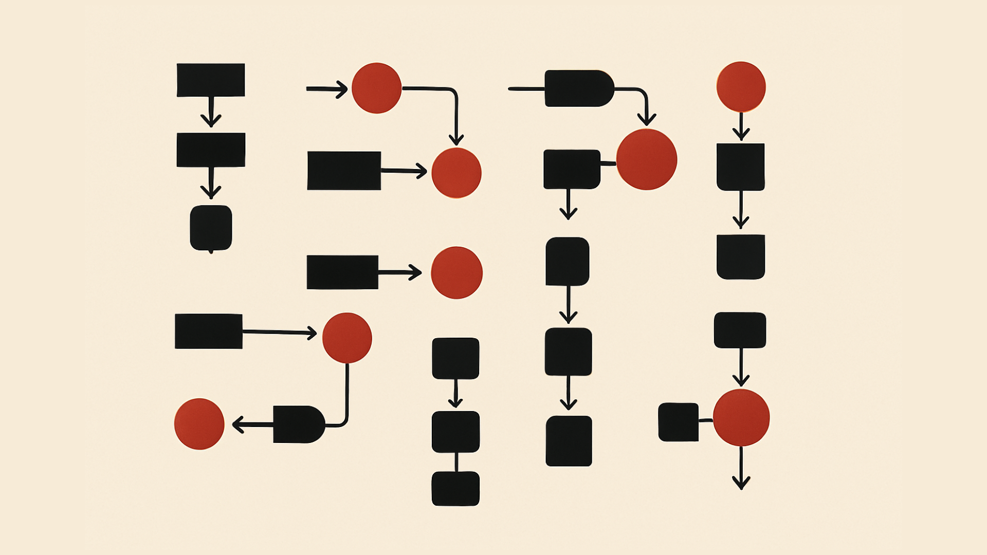 A beige background with a grid of simple black rectangles and red circles connected by arrows, forming many small abstract flow diagrams that each show a different branching or sequence pattern.