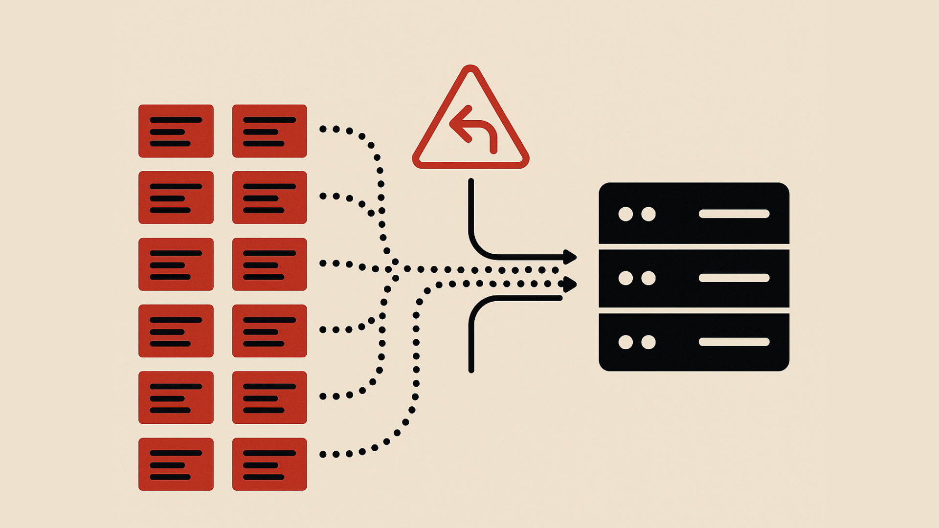 Illustration of Grepr pipeline exceptions showing multiple red log blocks flowing into a routing point with a warning sign, then splitting into paths that lead to a stack of black servers, representing selective exposure of raw logs during incidents.