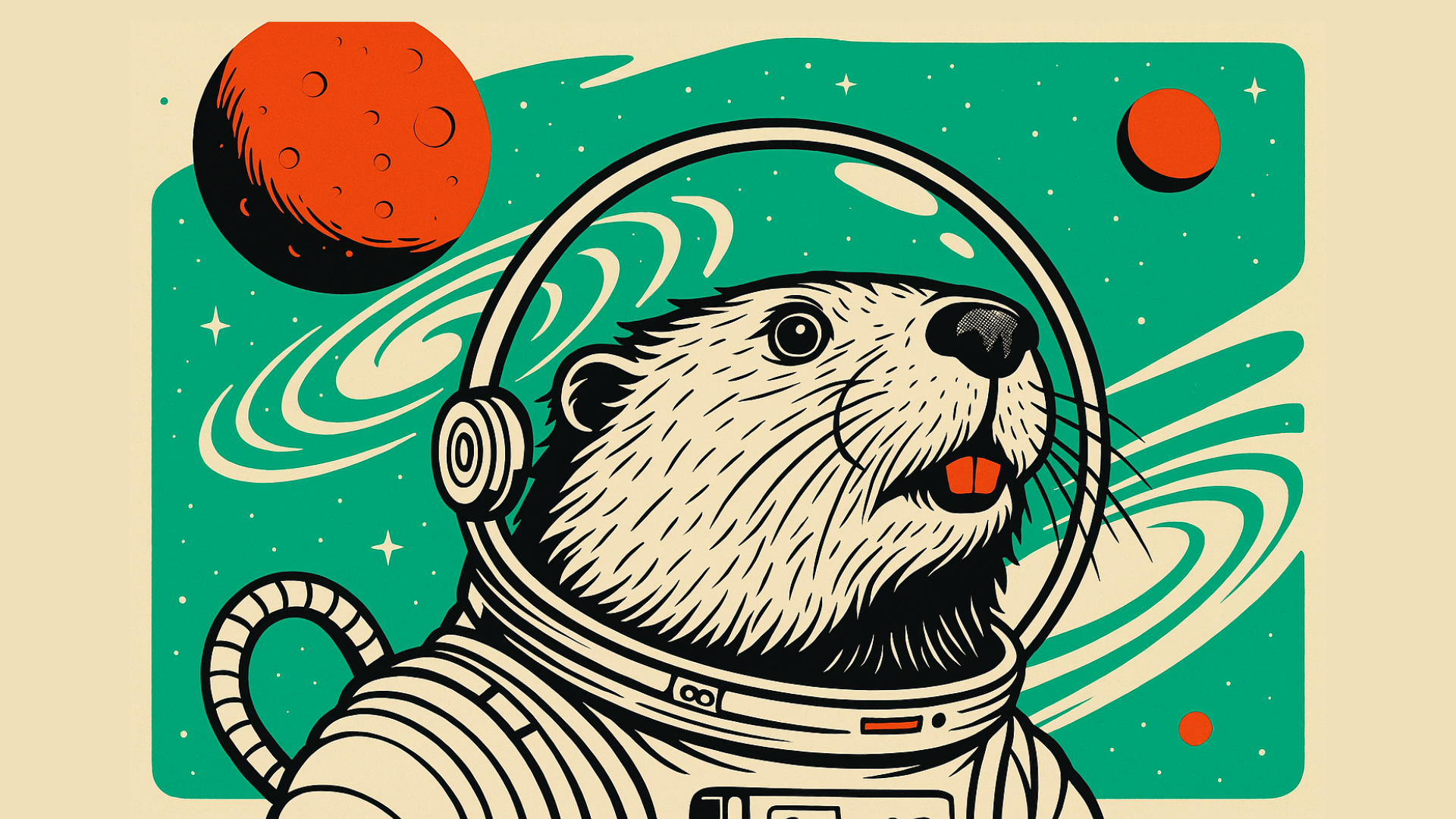 A retro space-themed illustration of a beaver in a round astronaut helmet, shown from the shoulders up against a teal star-filled sky with swirling galaxies. A large red planet sits in the top left and a smaller red planet appears on the right, creating a bold contrast with the beaver’s cream and black fur and the detailed lines of the spacesuit.