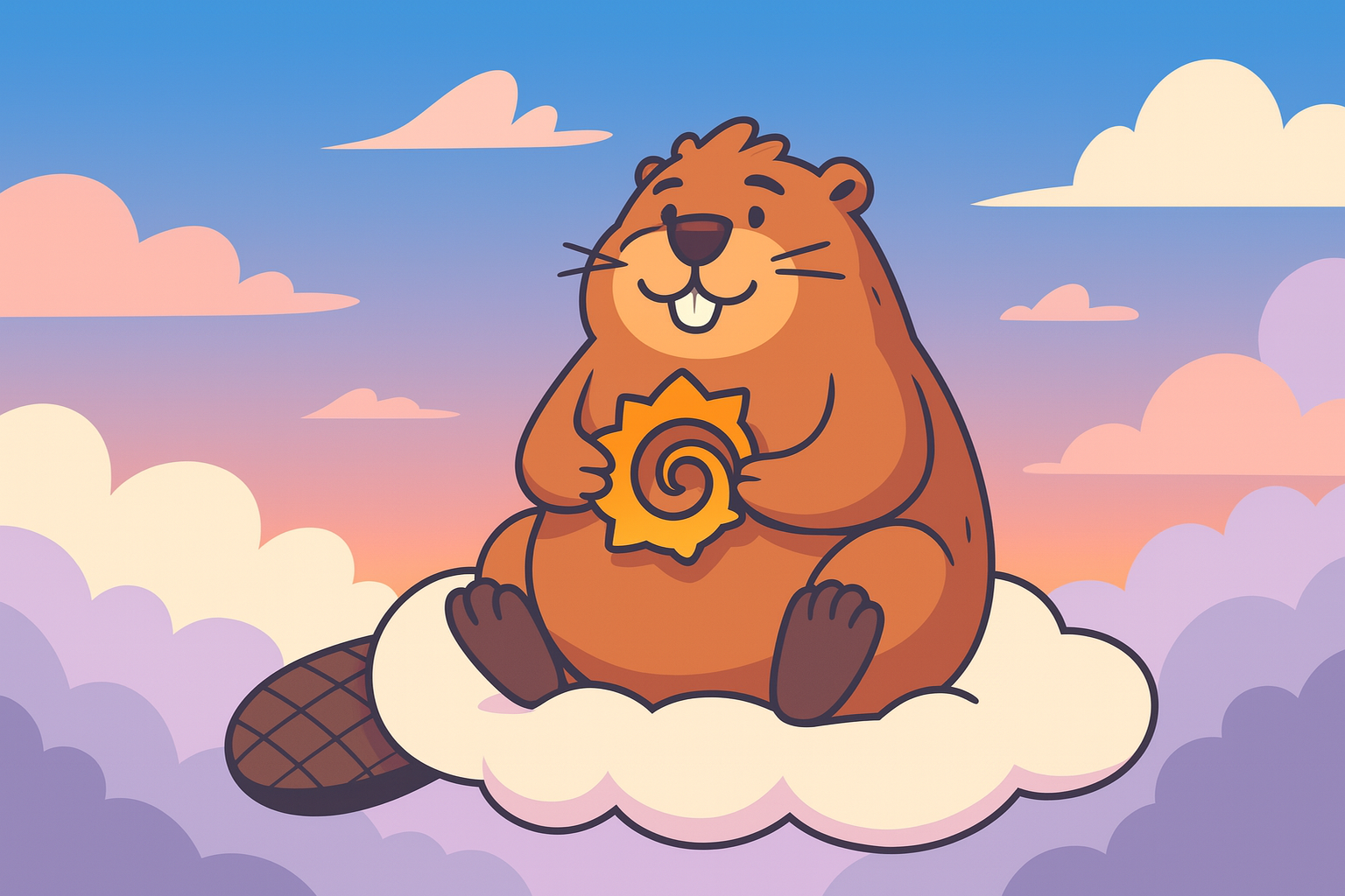 A cartoon beaver sits on a fluffy cloud against a pastel sunset sky, holding the Grafana swirl logo with both paws. The beaver has a friendly expression, simple line-art features, and a flat tail resting behind it, matching a clean software-startup illustration style.