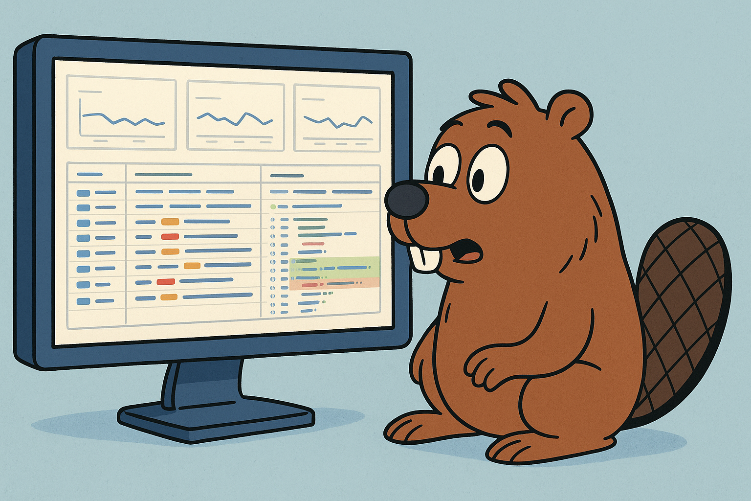 A cartoon beaver sits beside a large computer monitor, looking at a simplified dashboard with line charts and rows of color-coded log entries. The scene uses muted blues and browns with no yellow tint, and the beaver appears surprised while examining the data on the screen.
