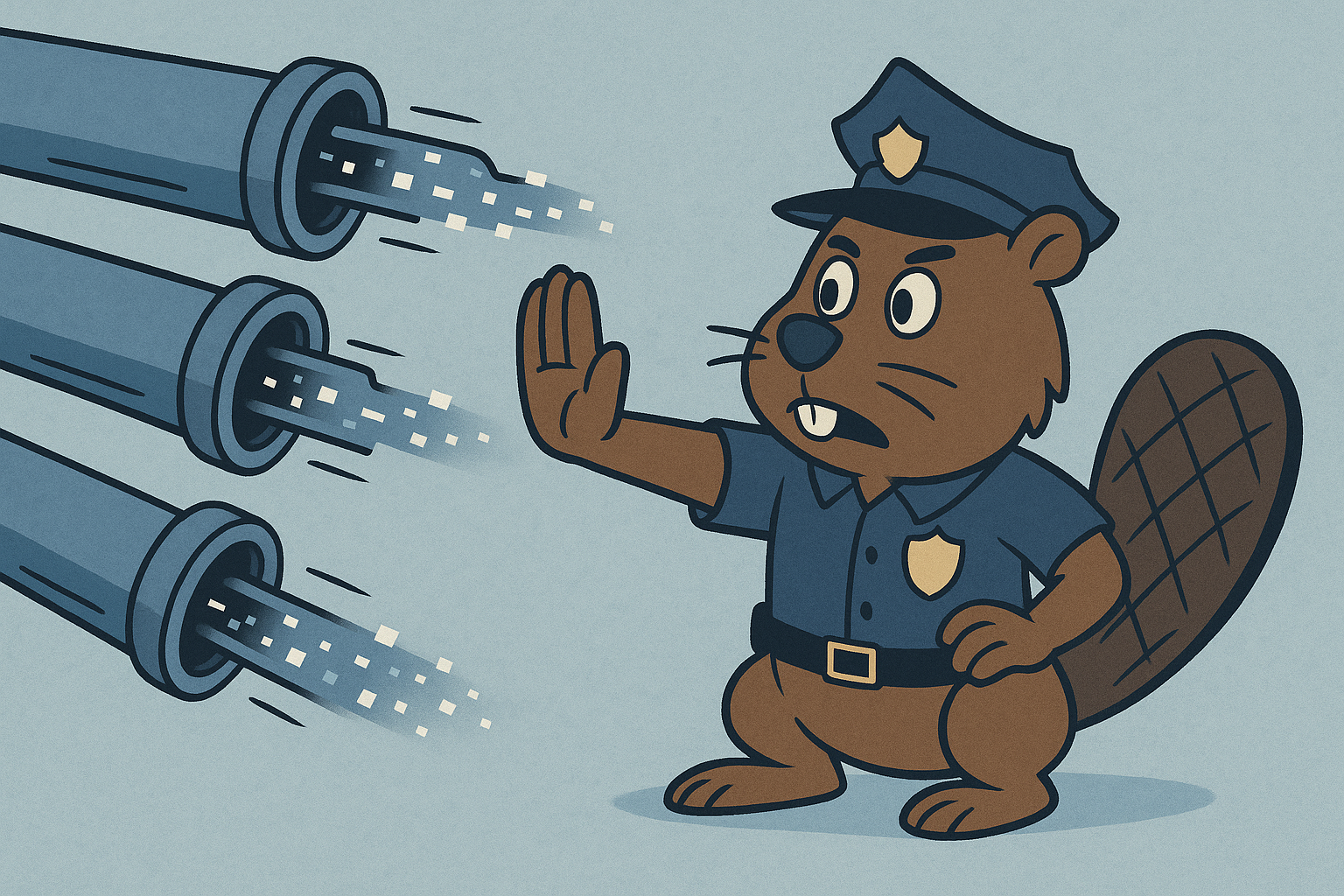 A cartoon beaver dressed as a traffic cop stands with one paw raised to stop three incoming tech pipelines. Each pipeline emits small glowing data squares, and the beaver looks determined as it blocks the flow against a cool blue background.