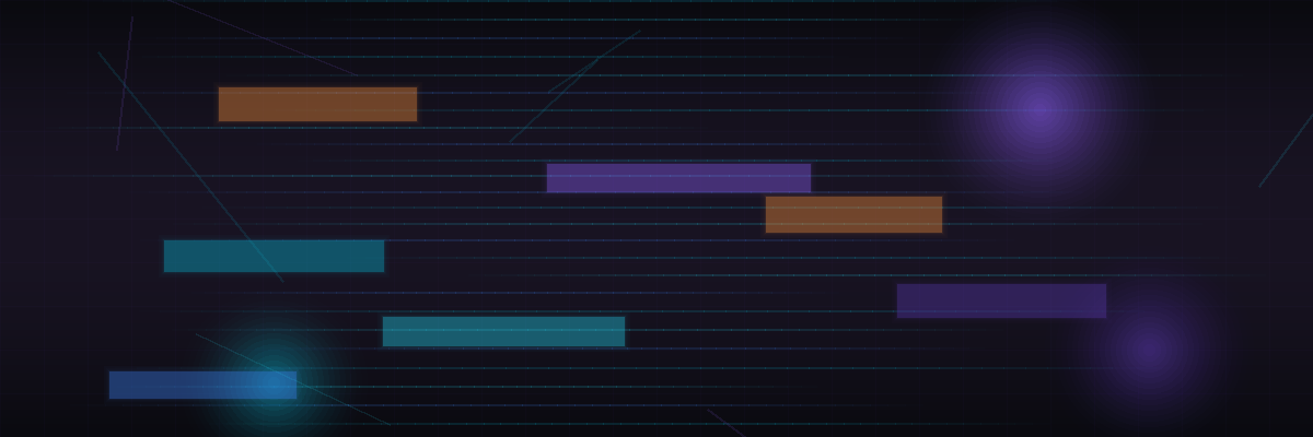 Abstract visualization of log data streams with redacted sections, featuring geometric patterns and flowing lines in purple and teal tones representing data security and observability