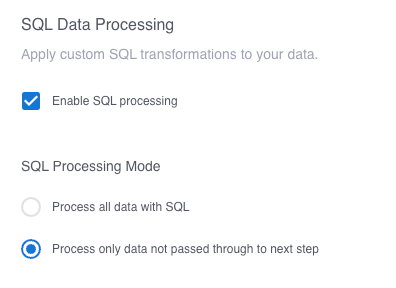 The filter configuration form with settings to pass specific events to the next pipeline step, and process all other events using SQL.
