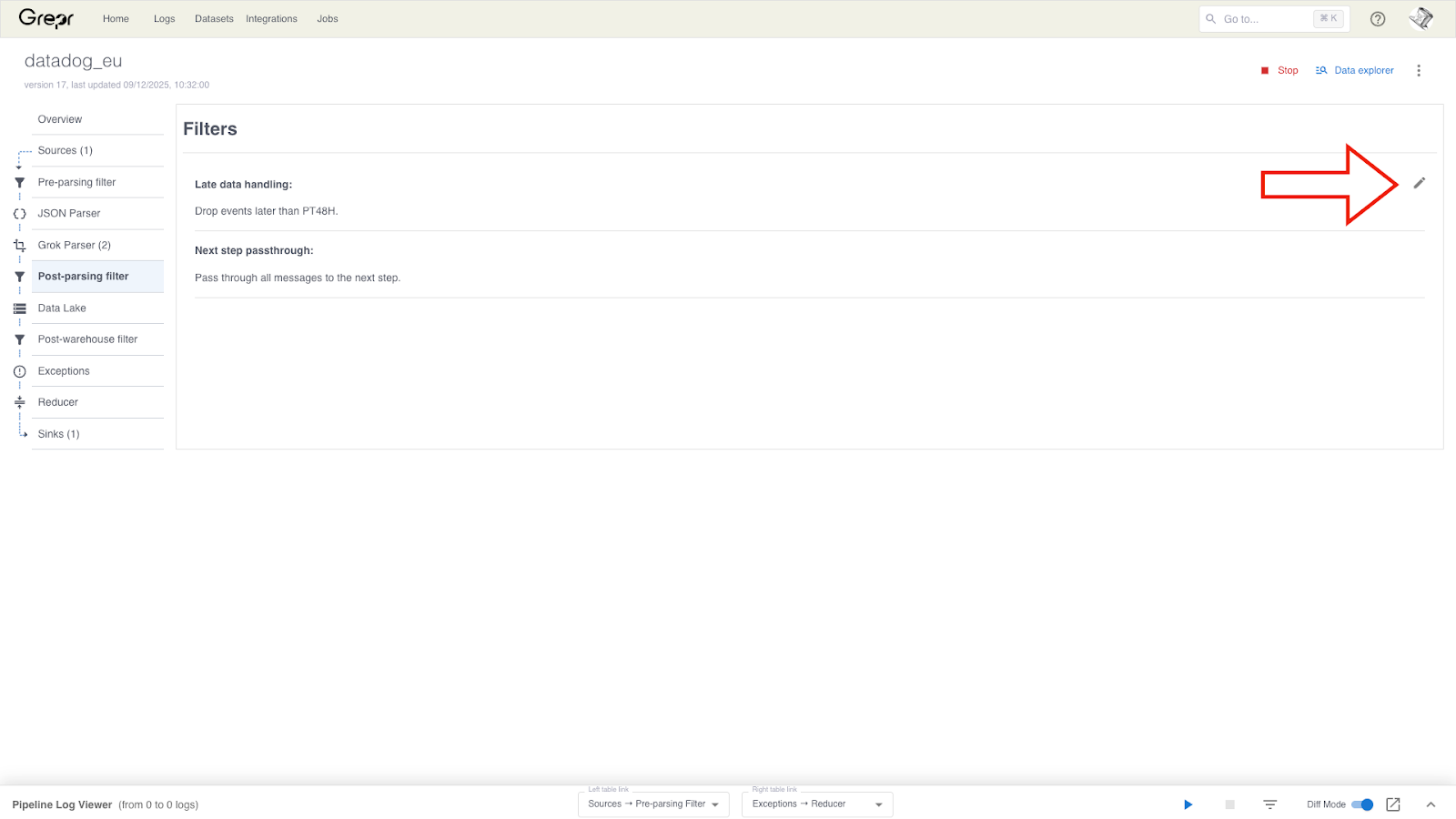 The pipelines details page showing how to edit a filter.