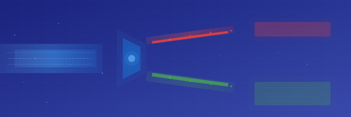 Abstract visualization of data flow through an intelligent log processing system, showing incoming blue data streams being filtered through a central processing core, then split into red high-signal streams directed to premium platforms and green low-signal streams routed to cost-effective storage
