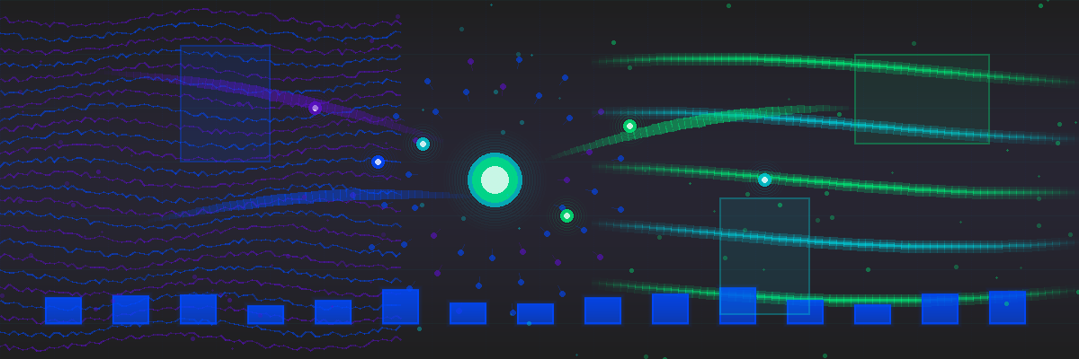 Abstract technology visualization showing dense raw log data streams in violet and blue on the left flowing through a central machine learning aggregation node, transforming into clean organized data streams in green and teal on the right, with a storage layer at the bottom representing pattern aggregation and cost optimization