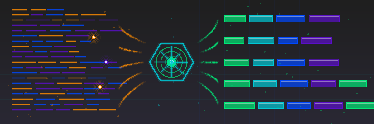 Abstract technology visualization showing unstructured legacy log data as irregular text-like lines in orange and violet on the left, flowing through a central hexagonal AI recognition processor with radiating analysis beams, transforming into organized structured data field blocks in green, teal, and blue on the right