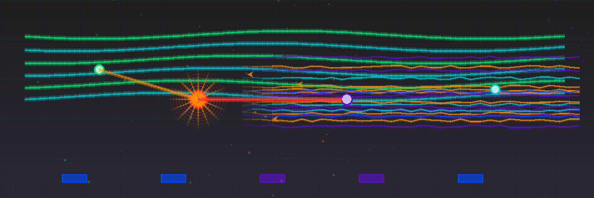 Abstract technology visualization showing normal compressed log streams in green and teal flowing steadily across the top, with a red alert incident point at center triggering a radial burst effect that activates dense raw log streams in violet, blue, orange, and teal flowing outward, representing on-demand full log access during incidents while maintaining everyday log reduction