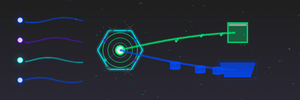 Abstract technology visualization showing agent nodes on the left sending data streams to a central hexagonal control layer with pattern recognition capabilities, which routes filtered valuable data upward to an observability vendor platform in green and complete unfiltered data downward to a layered data lake storage in blue, with X marks showing noise filtering and checkmarks indicating value validation