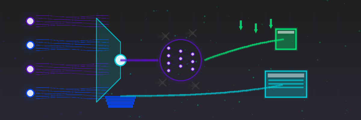 Abstract technology visualization showing browser frontend sources on the left sending dense log streams in violet and blue through a funnel to Grepr reception and layered storage, flowing through a central AI neural network processor in violet with X marks filtering repetitive data, outputting a clean reduced stream in green to Datadog platform above, with a teal query access path connecting storage to a dashboard interface below, and downward arrows indicating 90% cost reduction