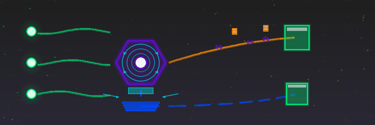 Abstract technology visualization showing Splunk Heavy Forwarders in green on the left sending S2S data streams to a central violet hexagonal Grepr compression processor with inward compression arrows, storing complete data in a layered blue data lake below with SPL query access indicators, outputting compressed orange stream with embedded link chain icons and summary document indicators to Splunk platform on the top right, and a dashed blue backfill path connecting the data lake to Splunk on the bottom right for manual data retrieval