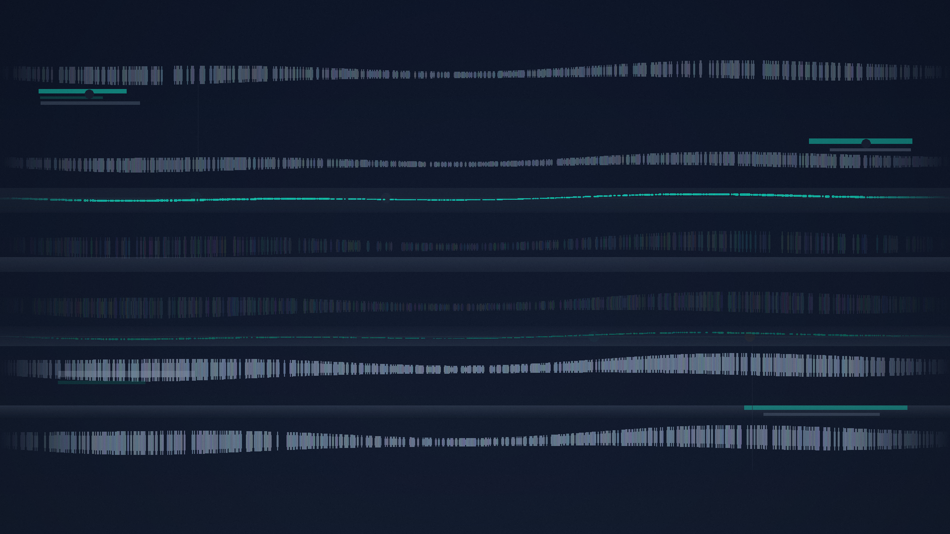 A dark, minimal abstract header with horizontal bands of small rectangular data marks that resemble log lines. Thin cyan lines run across a few layers to suggest signal flow inside noisy data. The layout stays flat and modern without gradients or 3D effects, creating a quiet visualization of observability patterns.