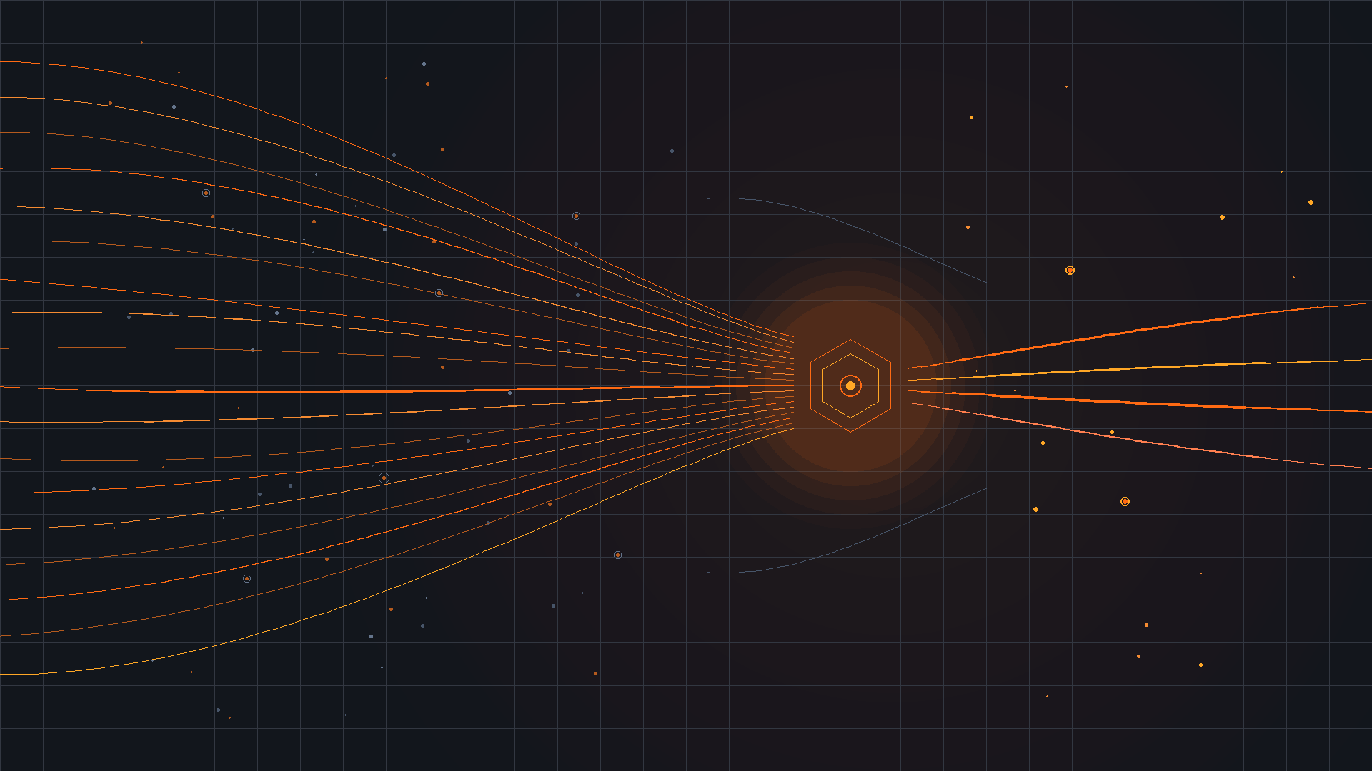 Abstract data visualization showing multiple orange and amber curved lines flowing from the left side of the image, converging through a glowing hexagonal node at center-right, then emerging as fewer, bolder streams flowing to the right. Dark blue-gray background with subtle grid pattern and scattered particle dots. The composition illustrates data filtering and consolidation, with many inputs becoming fewer optimized outputs.