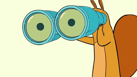 Animated cartoon squirrel peering through oversized blue binoculars with large green eyes visible through the lenses, scanning back and forth