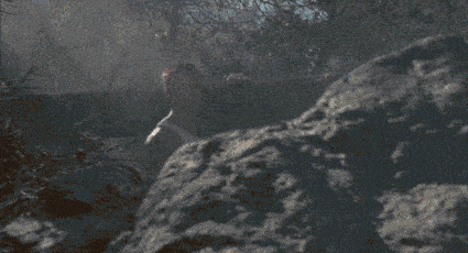 Arnold Schwarzenegger carrying a person through misty forest terrain in action movie scene