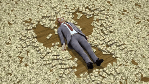 A businessman in a gray suit lies spread-eagle on a floor covered in stacks of cash, surrounded by a clearing shaped like a money angel.