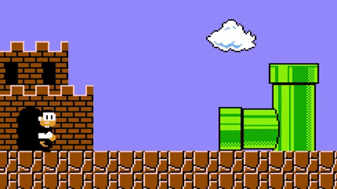 A pixelated penguin character runs across a classic side-scrolling platformer level with brick walls, green pipes, and a cloudy sky in an 8-bit video game style.