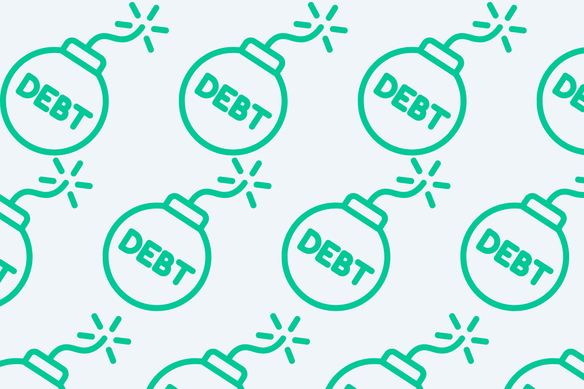debt ticking bomb repeating in green on white background
