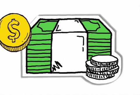 A stack of cash bundled with a paper band, flanked by a gold dollar coin on the left and a stack of coins on the right, illustrated in a cartoon doodle style with a white sticker-cut background.