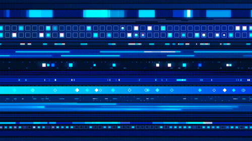 Animated GIF of horizontal streams of glowing blue geometric shapes, squares, and diamonds scrolling rapidly across a dark background, evoking high-speed data transmission or a digital pipeline in motion.