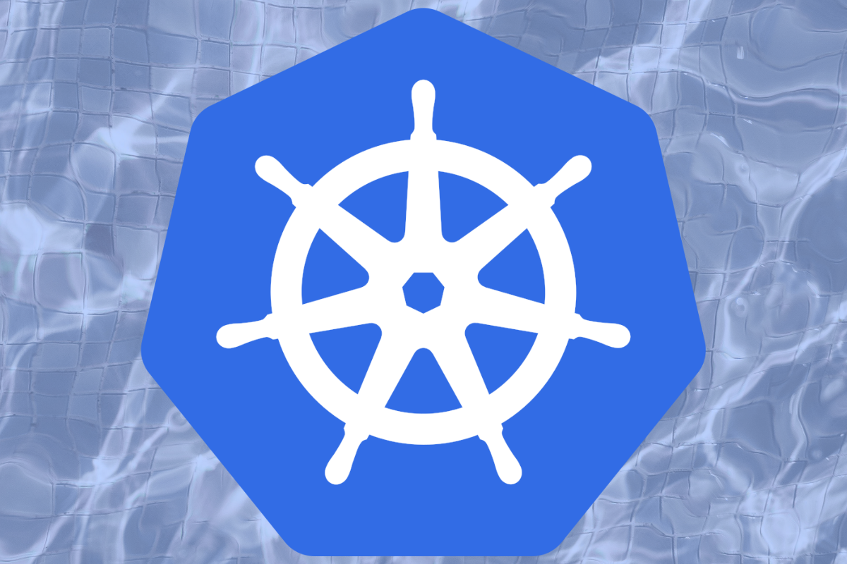 Kubernetes logo on a background of rippling blue pool water.