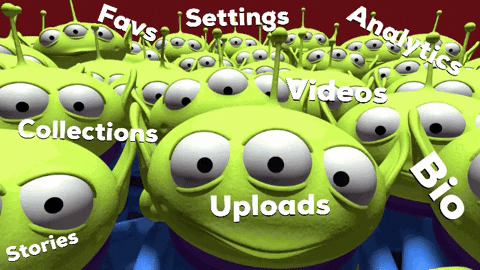 Animated GIF of a crowd of green three-eyed Toy Story aliens with navigation labels (Stories, Collections, Favs, Settings, Videos, Analytics, Uploads, Bio) floating across them.