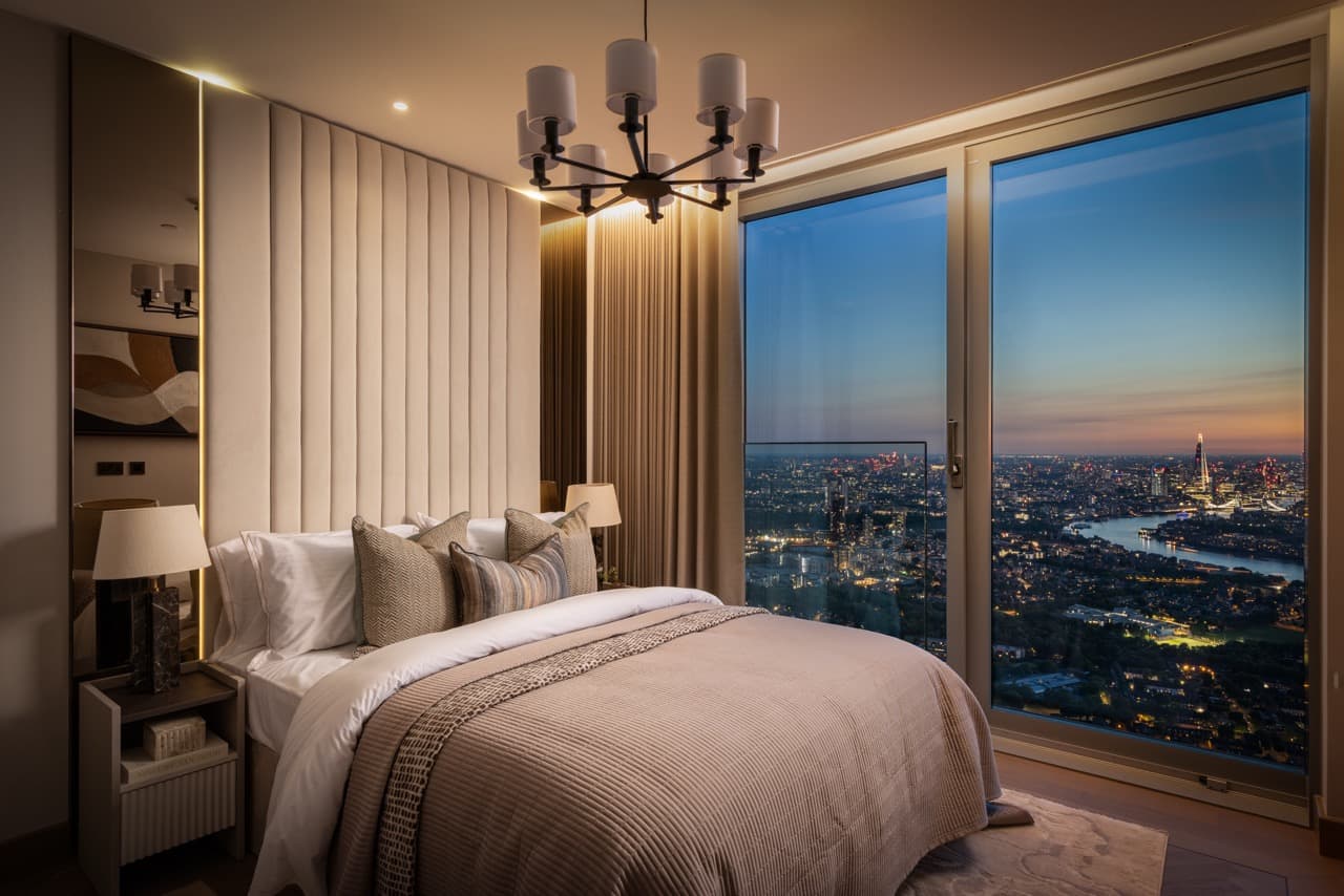 Bedroom two at dusk, overlooking London
