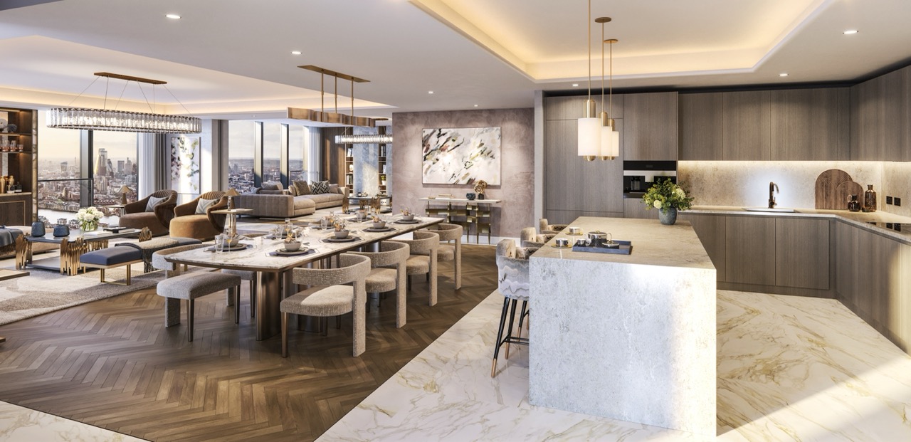 Indicative CGI showing the furnished kitchen, dining and living spaces at The Pinnacle Penthouse
