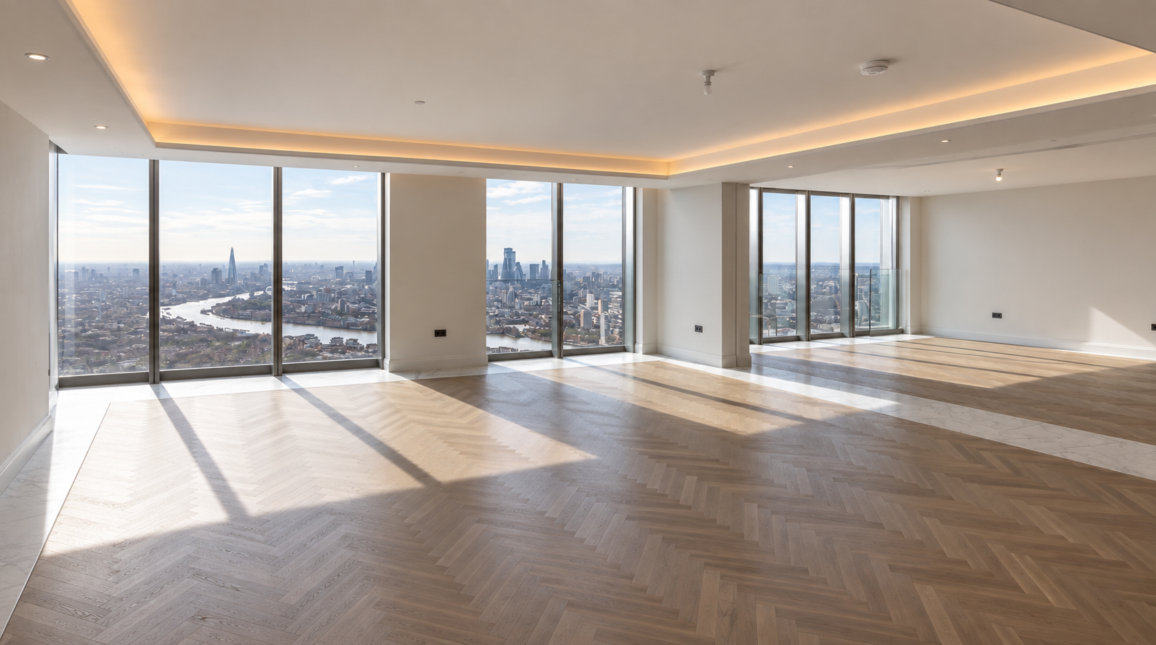 AI-assisted perspective adjustment of the unfurnished Pinnacle Penthouse living room