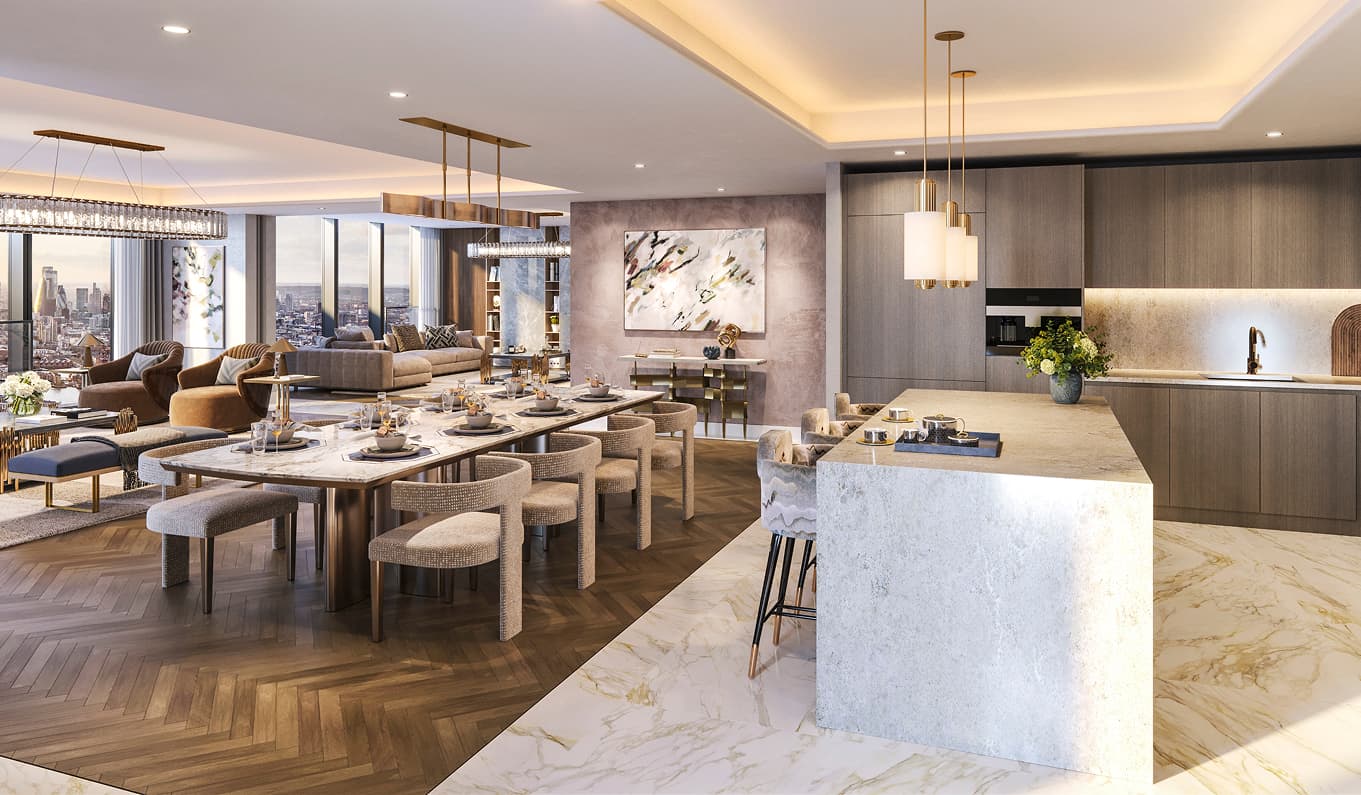Indicative furnished living room CGI for The Pinnacle Penthouse