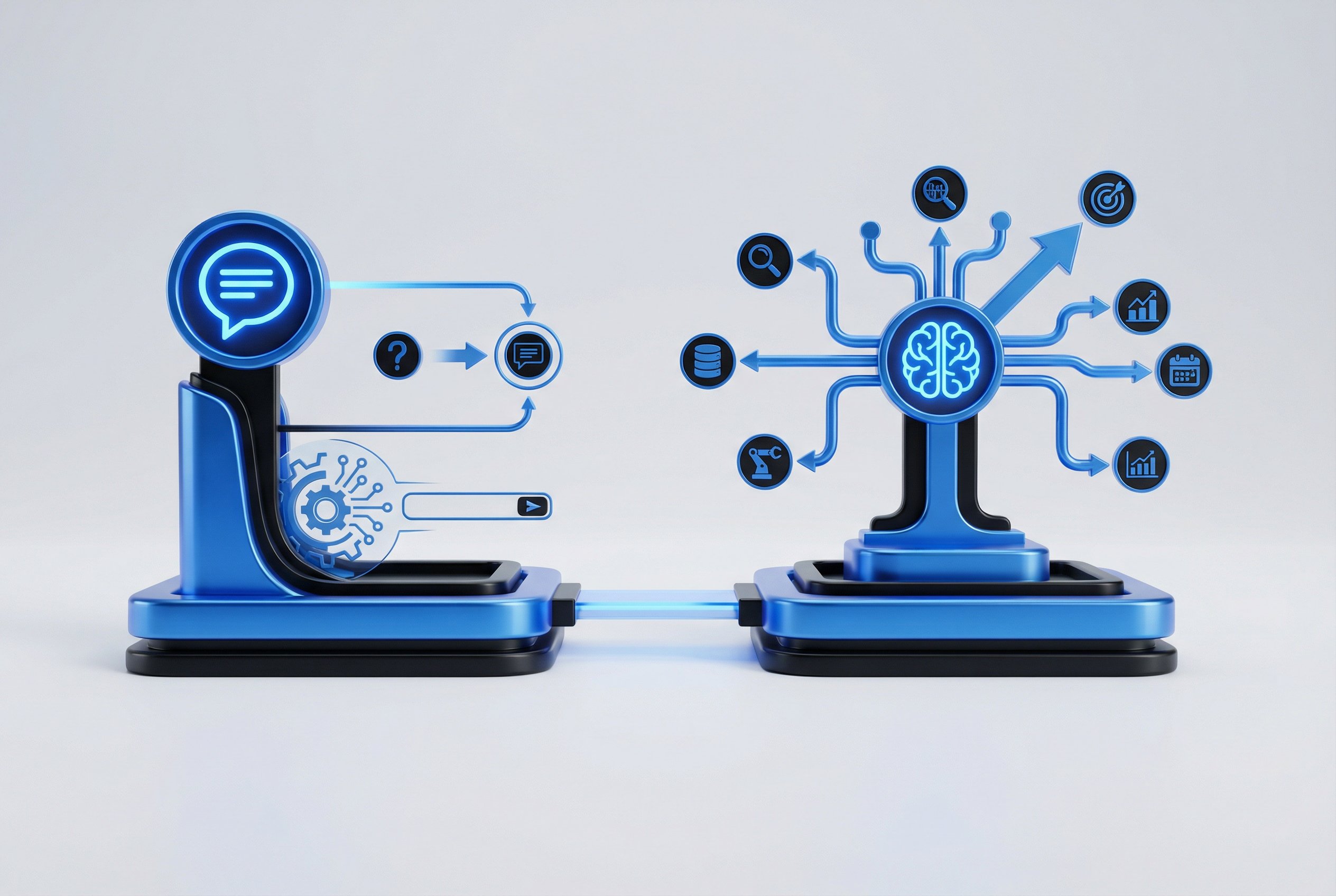 AI Agents vs Chatbots comparison showing autonomous AI agent with multi-system integration versus simple chatbot with linear conversation flow