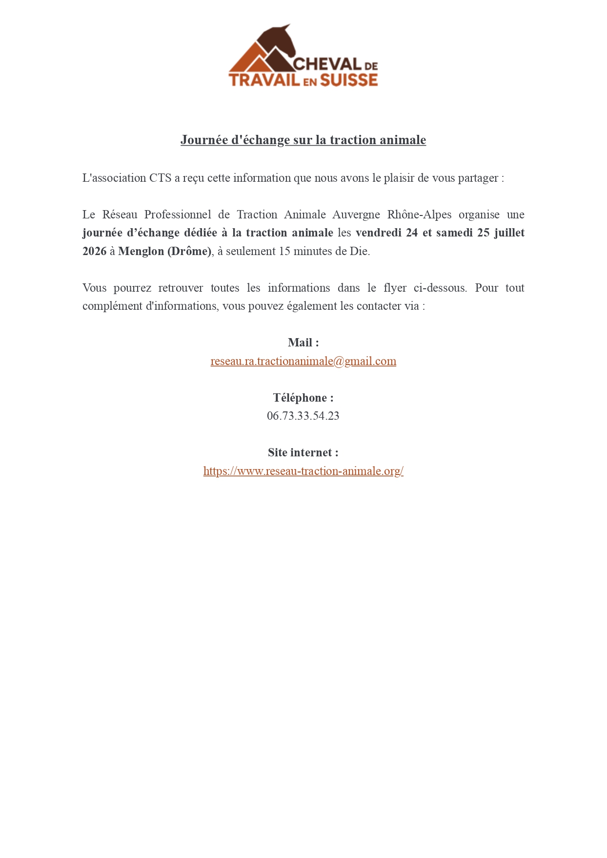 Newsletter Cheval Travail Suisse