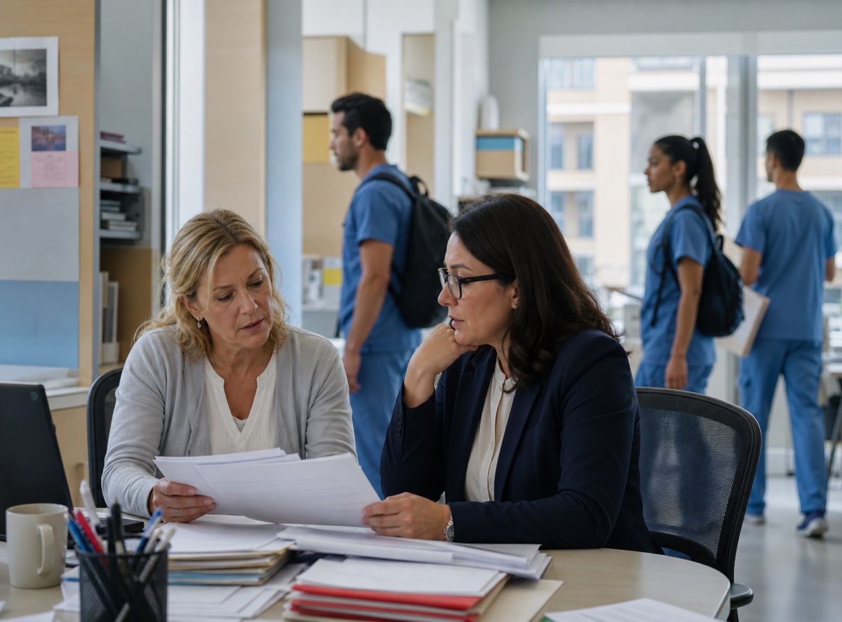 Clinical education staff reviewing schedules before a deadline