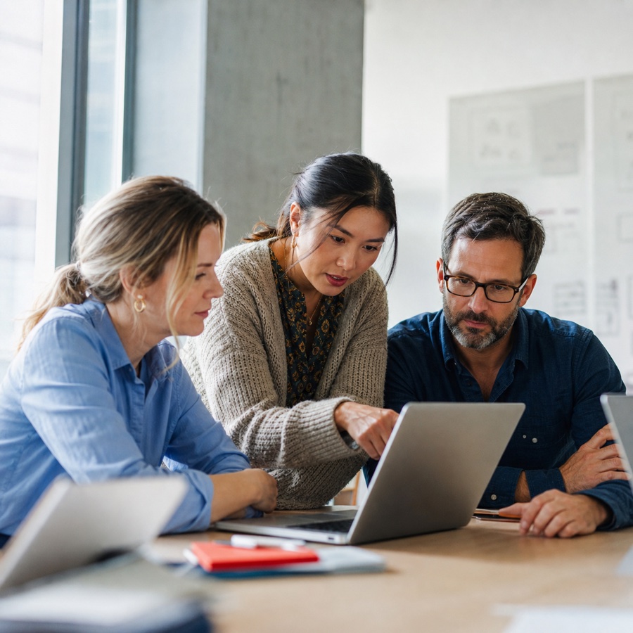 Small university team solving a workflow issue together