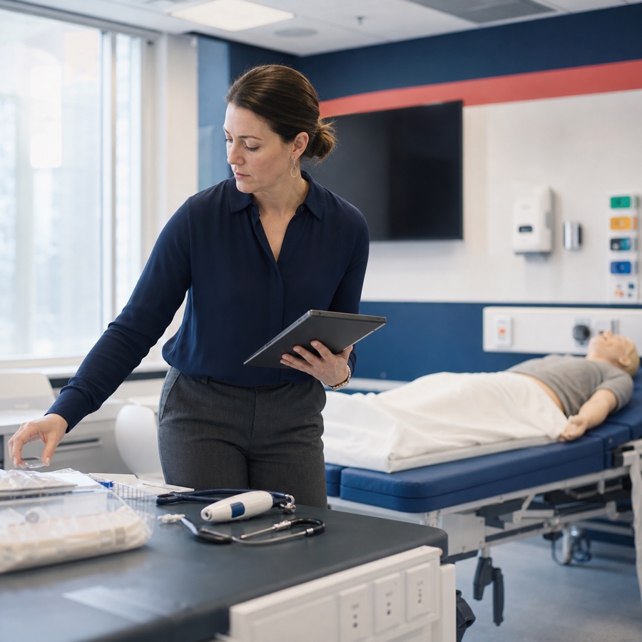 Program manager preparing a medical simulation classroom