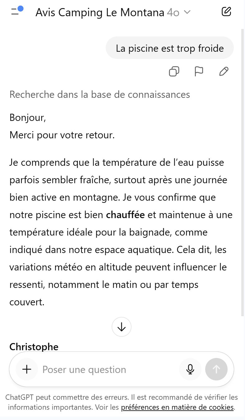 IA camping générant des réponses aux avis Google et Tripadvisor
